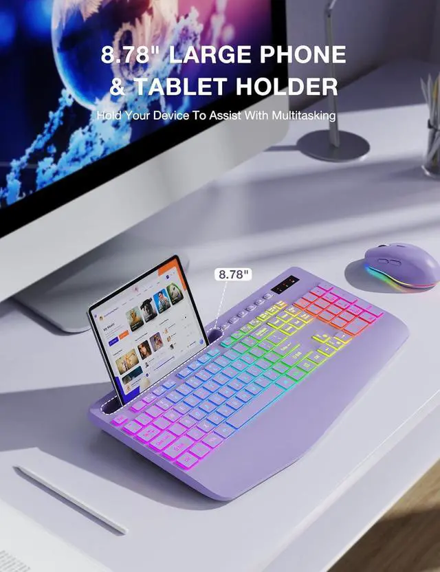 Alt view image 4 of 7 - Wireless Keyboard and Mouse Combo, 9 Backlit Effects, Wrist Rest, Phone Holder, 2.4G Lag-Free Ergonomic Keyboards, Rechargeable Silent Cordless Set for Computer, Laptop, Mac, Windows -SABLUTE (Purple)