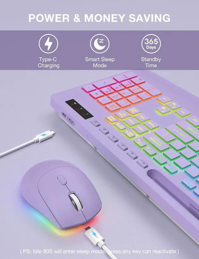 Alt view image 6 of 7 - Wireless Keyboard and Mouse Combo, 9 Backlit Effects, Wrist Rest, Phone Holder, 2.4G Lag-Free Ergonomic Keyboards, Rechargeable Silent Cordless Set for Computer, Laptop, Mac, Windows -SABLUTE (Purple)