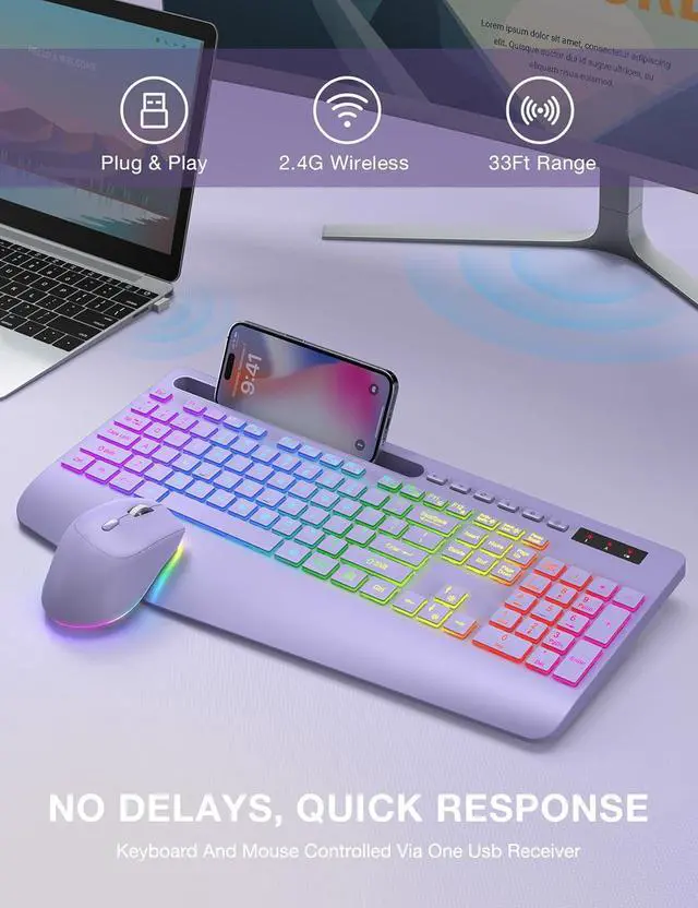Alt view image 7 of 7 - Wireless Keyboard and Mouse Combo, 9 Backlit Effects, Wrist Rest, Phone Holder, 2.4G Lag-Free Ergonomic Keyboards, Rechargeable Silent Cordless Set for Computer, Laptop, Mac, Windows -SABLUTE (Purple)