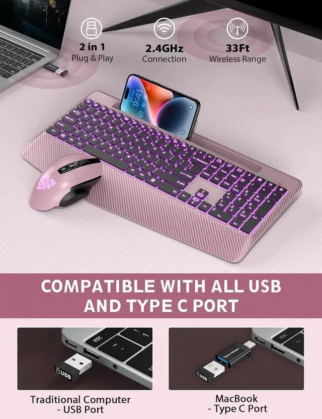 Alt view image 6 of 7 - Wireless Keyboard and Mouse Backlits, Wrist Rest, LED Mouse, Rechargeable Ergonomic Keyboard with Phone Holder, Silent Light Up Combo for Computer, Mac, PC, Laptop, Chromebook (Rose Gold)