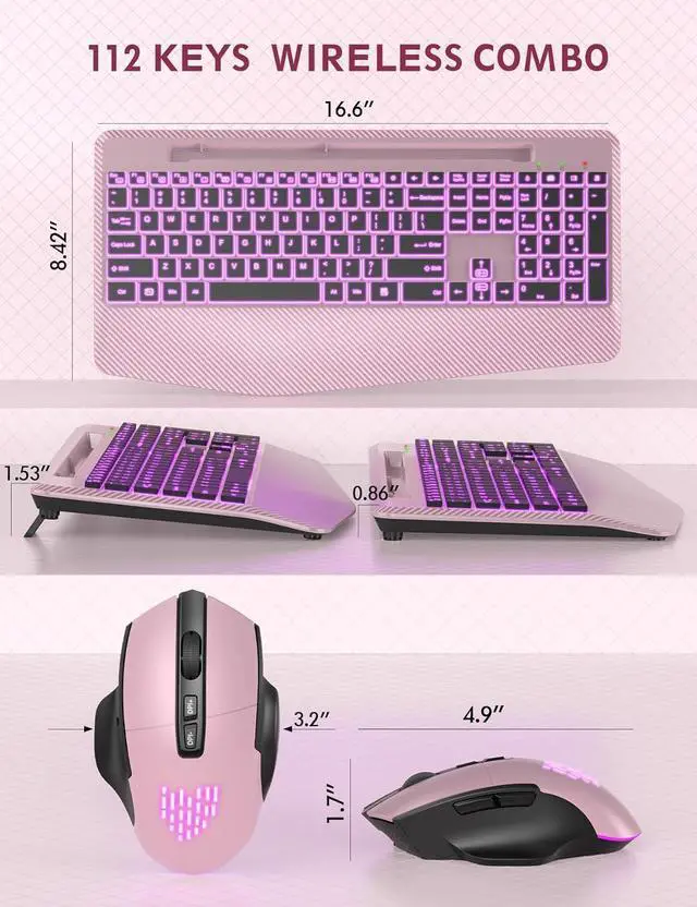 Alt view image 7 of 7 - Wireless Keyboard and Mouse Backlits, Wrist Rest, LED Mouse, Rechargeable Ergonomic Keyboard with Phone Holder, Silent Light Up Combo for Computer, Mac, PC, Laptop, Chromebook (Rose Gold)