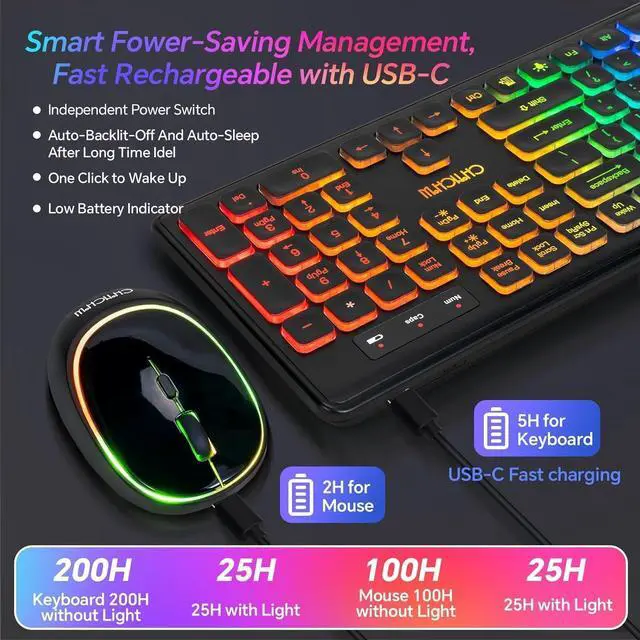Alt view image 3 of 7 - Wireless Keyboard and Mouse Combo, RGB LED Backlit Rechargeable Gaming Keyboard Mouse, Full Size Ergonomic, Sleep Mode, 2.4Ghz Wireless Silent Keyboard Mouse Compatible with Mac Windows Laptop PC