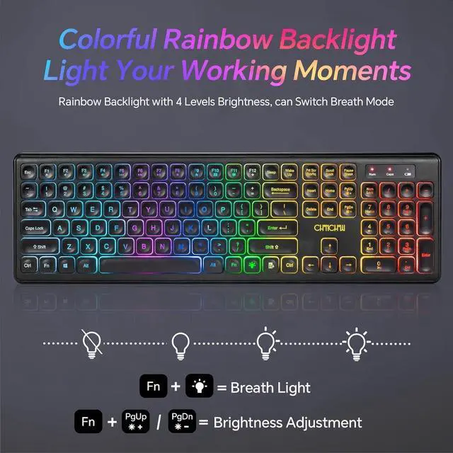 Alt view image 4 of 7 - Wireless Keyboard and Mouse Combo, RGB LED Backlit Rechargeable Gaming Keyboard Mouse, Full Size Ergonomic, Sleep Mode, 2.4Ghz Wireless Silent Keyboard Mouse Compatible with Mac Windows Laptop PC