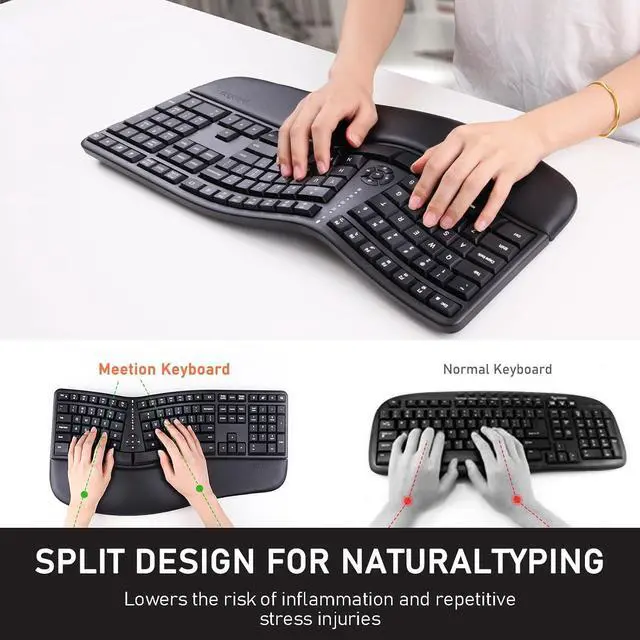 Alt view image 2 of 7 - MEETION Ergonomic Keyboard, Wireless Computer Keyboard, Ergo Split Keyboard with Cushioned Wrist, Palm Rest, Curved, Natural Typing, Full Size Rechargeable for Windows/Mac/Laptop/PC, Black