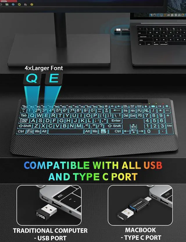 Alt view image 2 of 7 - Wireless Keyboard and Mouse Backlits, Wrist Rest, LED Mouse, Rechargeable Ergonomic Keyboard with Phone Holder, Silent Light Up Combo for Computer, Mac, PC, Laptop, Chromebook (Large Print)