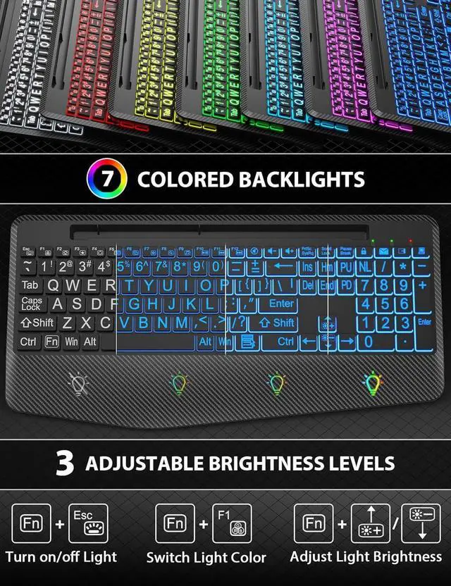 Alt view image 4 of 7 - Wireless Keyboard and Mouse Backlits, Wrist Rest, LED Mouse, Rechargeable Ergonomic Keyboard with Phone Holder, Silent Light Up Combo for Computer, Mac, PC, Laptop, Chromebook (Large Print)