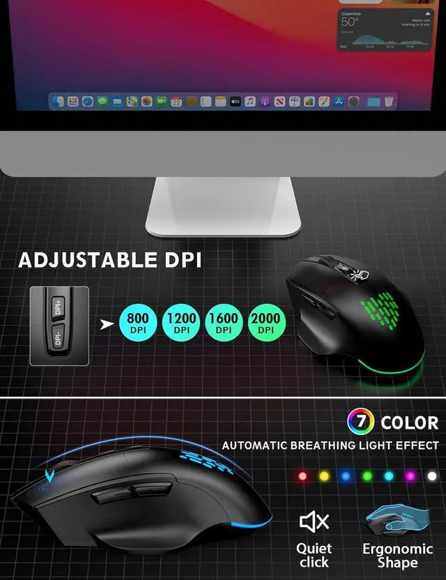 Alt view image 7 of 7 - Wireless Keyboard and Mouse Backlits, Wrist Rest, LED Mouse, Rechargeable Ergonomic Keyboard with Phone Holder, Silent Light Up Combo for Computer, Mac, PC, Laptop, Chromebook (Large Print)