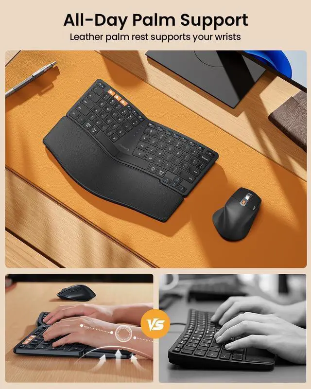 Alt view image 3 of 7 - ProtoArc Wireless Ergonomic Keyboard and Mouse, EKM04 Mini Compact Ergo Bluetooth Keyboard Mouse, Split Design, Wrist Rest, Multi-Device, Rechargeable, for Windows, Mac OS - Black