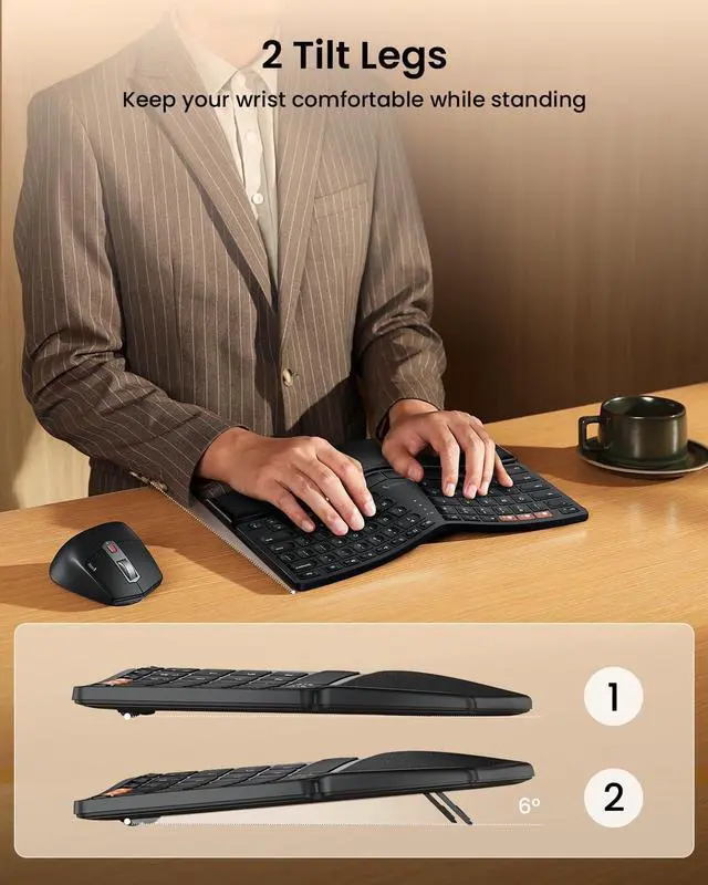 Alt view image 4 of 7 - ProtoArc Wireless Ergonomic Keyboard and Mouse, EKM04 Mini Compact Ergo Bluetooth Keyboard Mouse, Split Design, Wrist Rest, Multi-Device, Rechargeable, for Windows, Mac OS - Black