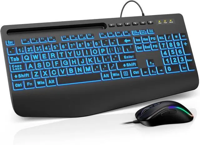 Main image of Wired Keyboard Mouse Combo - Large Print Backlit, Ergonomic Wrist Rest, 6 DPI RGB for PC/Windows - Ideal for Seniors, Students, Office and Home SABLUTE