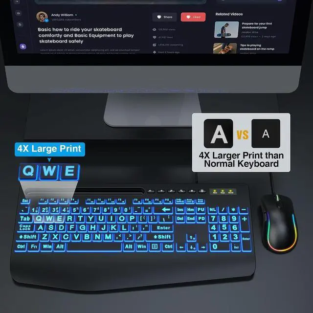 Alt view image 2 of 7 - Wired Keyboard Mouse Combo - Large Print Backlit, Ergonomic Wrist Rest, 6 DPI RGB for PC/Windows - Ideal for Seniors, Students, Office and Home SABLUTE