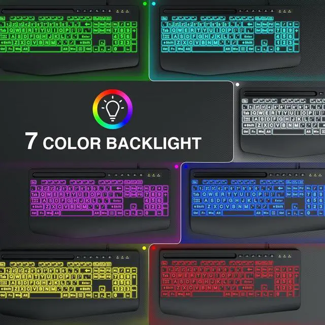 Alt view image 4 of 7 - Wired Keyboard Mouse Combo - Large Print Backlit, Ergonomic Wrist Rest, 6 DPI RGB for PC/Windows - Ideal for Seniors, Students, Office and Home SABLUTE