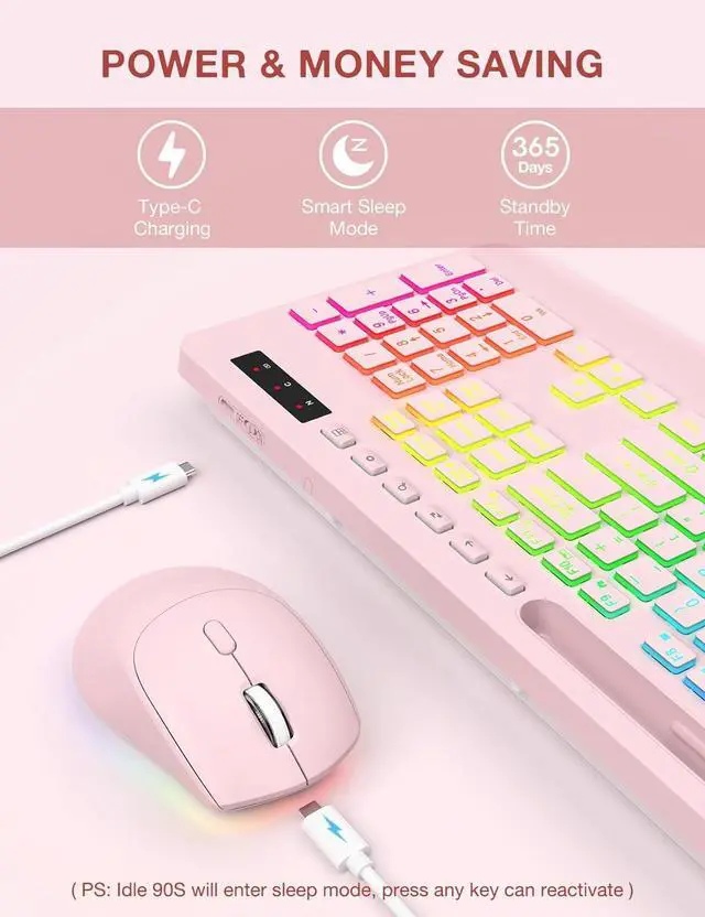 Alt view image 5 of 7 - Wireless Keyboard and Mouse Combo, 9 Backlit Effects, Wrist Rest, Phone Holder, 2.4G Lag-Free Ergonomic Keyboards, Rechargeable Silent Cordless Set for Computer, Laptop, Mac, Windows -SABLUTE (Pink)