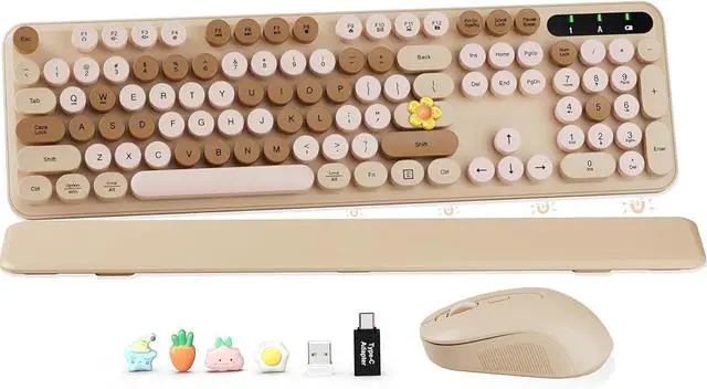 Main image of Wireless Keyboard and Mouse Combo, Round Keycaps, Full-Size Retro Typewriter Keyboard with Detachable Wrist Rest, Sleep Mode & Tilt Legs, 2.4GHz Cordless Connection for Mac/Windows/PC (Latte)