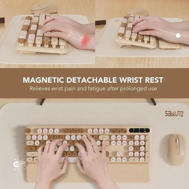 Alt view image 2 of 7 - Wireless Keyboard and Mouse Combo, Round Keycaps, Full-Size Retro Typewriter Keyboard with Detachable Wrist Rest, Sleep Mode & Tilt Legs, 2.4GHz Cordless Connection for Mac/Windows/PC (Latte)