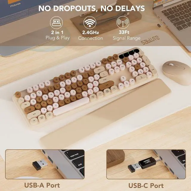 Alt view image 4 of 7 - Wireless Keyboard and Mouse Combo, Round Keycaps, Full-Size Retro Typewriter Keyboard with Detachable Wrist Rest, Sleep Mode & Tilt Legs, 2.4GHz Cordless Connection for Mac/Windows/PC (Latte)