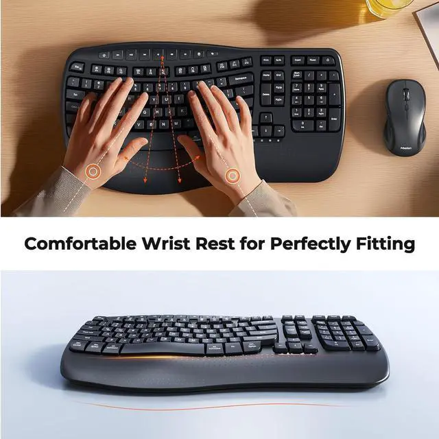 Alt view image 3 of 7 - MEETION Ergonomic Keyboard and Mouse Wireless, Wave Keys Natural Typing, 2.4G Wireless Keyboard with Wrist Rest, 4 Adjustable DPI Optical Mouse, Computer/Laptop/Windows/Mac, Black
