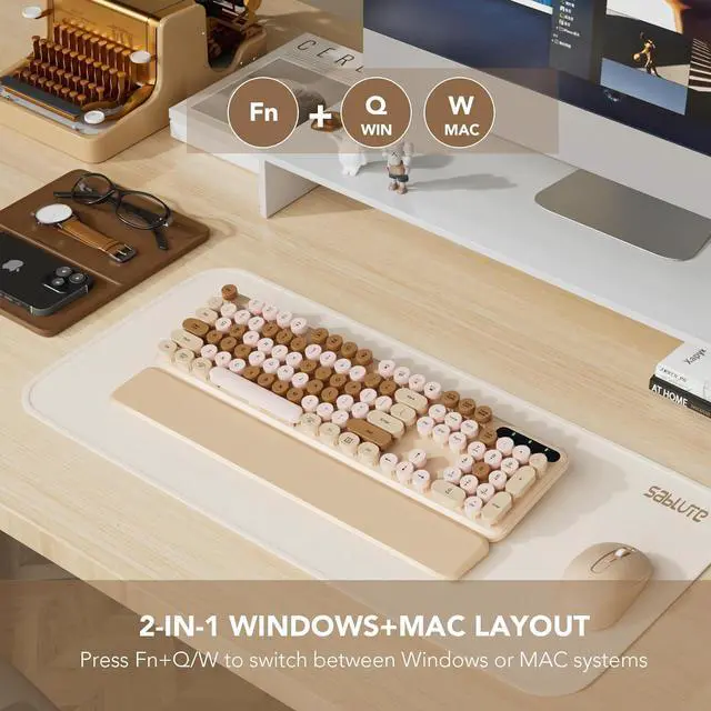 Alt view image 6 of 7 - Wireless Keyboard and Mouse Combo, Round Keycaps, Full-Size Retro Typewriter Keyboard with Detachable Wrist Rest, Sleep Mode & Tilt Legs, 2.4GHz Cordless Connection for Mac/Windows/PC (Latte)