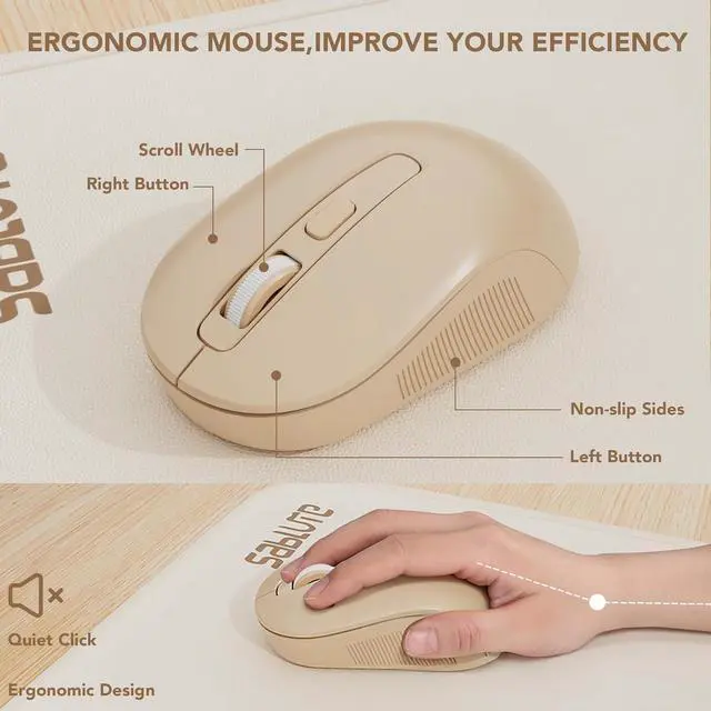 Alt view image 7 of 7 - Wireless Keyboard and Mouse Combo, Round Keycaps, Full-Size Retro Typewriter Keyboard with Detachable Wrist Rest, Sleep Mode & Tilt Legs, 2.4GHz Cordless Connection for Mac/Windows/PC (Latte)