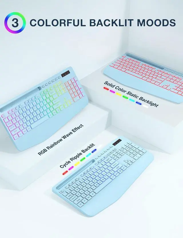 Alt view image 2 of 7 - Wireless Keyboard and Mouse Combo, 9 Backlit Effects, Wrist Rest, Phone Holder, 2.4G Lag-Free Ergonomic Keyboards, Rechargeable Silent Cordless Set for Computer, Laptop, Mac, Windows -SABLUTE (Blue)