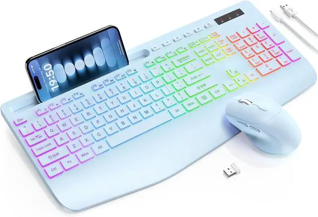 Main image of Wireless Keyboard and Mouse Combo, 9 Backlit Effects, Wrist Rest, Phone Holder, 2.4G Lag-Free Ergonomic Keyboards, Rechargeable Silent Cordless Set for Computer, Laptop, Mac, Windows -SABLUTE (Blue)