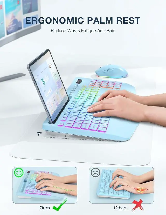 Alt view image 3 of 7 - Wireless Keyboard and Mouse Combo, 9 Backlit Effects, Wrist Rest, Phone Holder, 2.4G Lag-Free Ergonomic Keyboards, Rechargeable Silent Cordless Set for Computer, Laptop, Mac, Windows -SABLUTE (Blue)