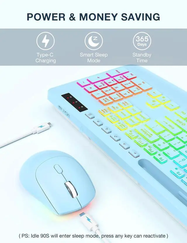 Alt view image 6 of 7 - Wireless Keyboard and Mouse Combo, 9 Backlit Effects, Wrist Rest, Phone Holder, 2.4G Lag-Free Ergonomic Keyboards, Rechargeable Silent Cordless Set for Computer, Laptop, Mac, Windows -SABLUTE (Blue)