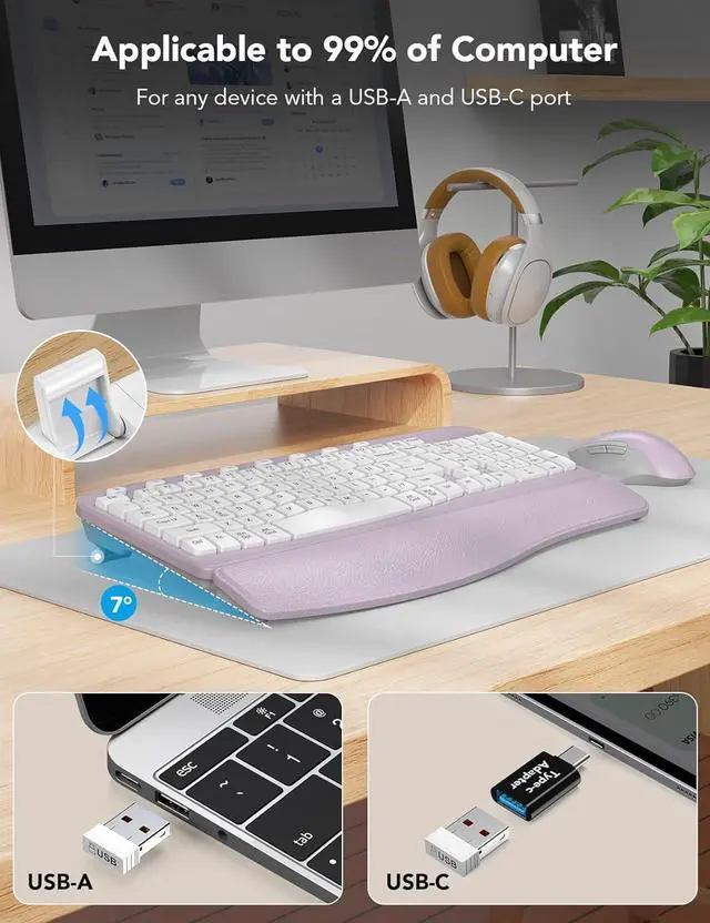 Alt view image 4 of 7 - SABLUTE Wireless Keyboard and Mouse Combo, Ergonomic Wave Key, Cushioned Plam Rest, Comfortable Silent Natural Typing, 2.4G Lag-Free, Full Size Keyboards Cordless Set for Multi-OS, Windows/Mac, Purple