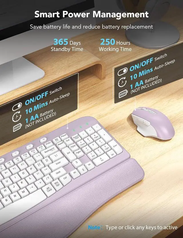 Alt view image 6 of 7 - SABLUTE Wireless Keyboard and Mouse Combo, Ergonomic Wave Key, Cushioned Plam Rest, Comfortable Silent Natural Typing, 2.4G Lag-Free, Full Size Keyboards Cordless Set for Multi-OS, Windows/Mac, Purple