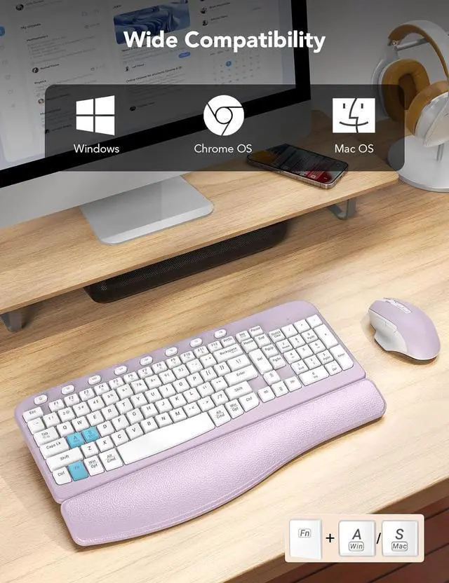 Alt view image 7 of 7 - SABLUTE Wireless Keyboard and Mouse Combo, Ergonomic Wave Key, Cushioned Plam Rest, Comfortable Silent Natural Typing, 2.4G Lag-Free, Full Size Keyboards Cordless Set for Multi-OS, Windows/Mac, Purple