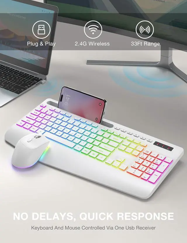 Alt view image 7 of 7 - Wireless Keyboard and Mouse Combo, 9 Backlit Effects, Wrist Rest, Phone Holder, 2.4G Lag-Free Ergonomic Keyboards, Rechargeable Silent Cordless Set for Computer, Laptop, Mac, Windows -SABLUTEWhite