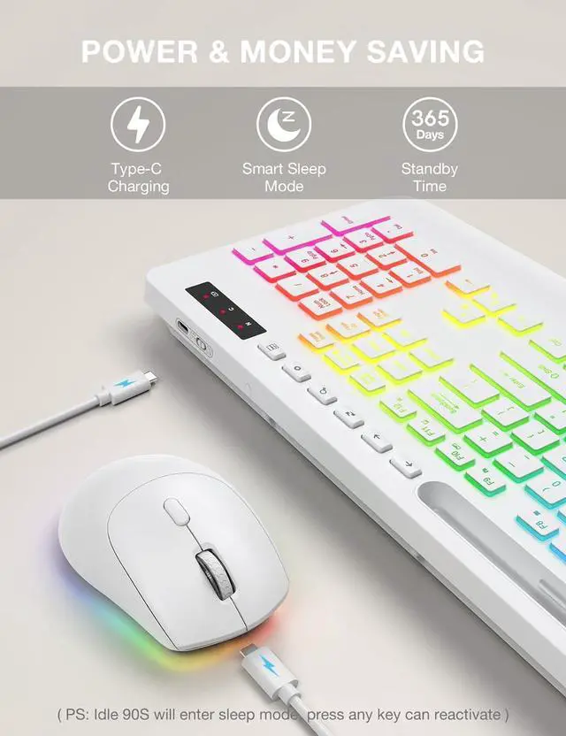 Alt view image 6 of 7 - Wireless Keyboard and Mouse Combo, 9 Backlit Effects, Wrist Rest, Phone Holder, 2.4G Lag-Free Ergonomic Keyboards, Rechargeable Silent Cordless Set for Computer, Laptop, Mac, Windows -SABLUTEWhite