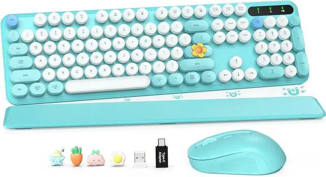 Main image of Wireless Keyboard and Mouse Combo - Retro Keyboard with Round Keycaps, Full-Size Typewriter Keyboard with Detachable Wrist Rest, 2.4GHz Dropout-Free Connection for Mac/Windows/PC (Blue)