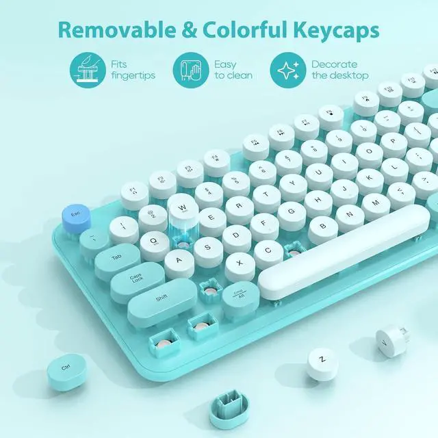 Alt view image 7 of 7 - Wireless Keyboard and Mouse Combo - Retro Keyboard with Round Keycaps, Full-Size Typewriter Keyboard with Detachable Wrist Rest, 2.4GHz Dropout-Free Connection for Mac/Windows/PC (Blue)
