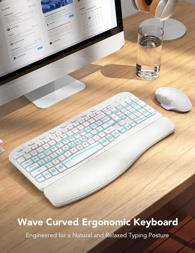 Alt view image 2 of 7 - SABLUTE Wireless Keyboard and Mouse Combo, Ergonomic Wave Keys, Cushioned Plam Rest, Comfortable Silent Natural Typing, 2.4G Lag-Free, Full Size Keyboards Cordless Set for Multi-OS, Windows/Mac, White