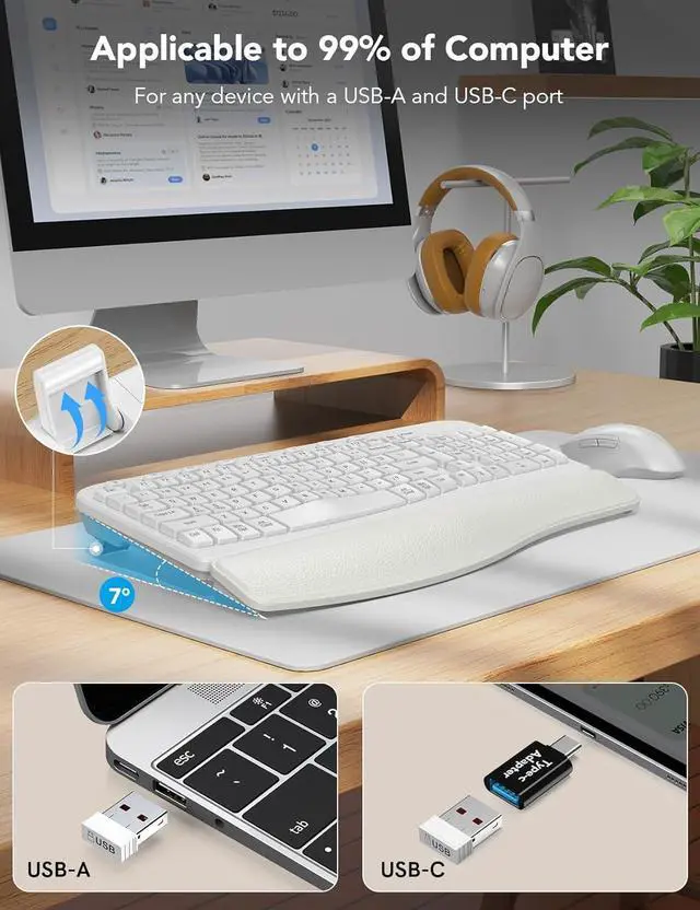 Alt view image 4 of 7 - SABLUTE Wireless Keyboard and Mouse Combo, Ergonomic Wave Keys, Cushioned Plam Rest, Comfortable Silent Natural Typing, 2.4G Lag-Free, Full Size Keyboards Cordless Set for Multi-OS, Windows/Mac, White