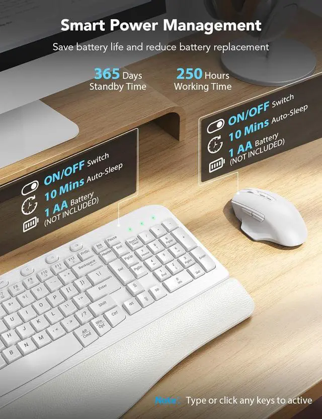 Alt view image 6 of 7 - SABLUTE Wireless Keyboard and Mouse Combo, Ergonomic Wave Keys, Cushioned Plam Rest, Comfortable Silent Natural Typing, 2.4G Lag-Free, Full Size Keyboards Cordless Set for Multi-OS, Windows/Mac, White