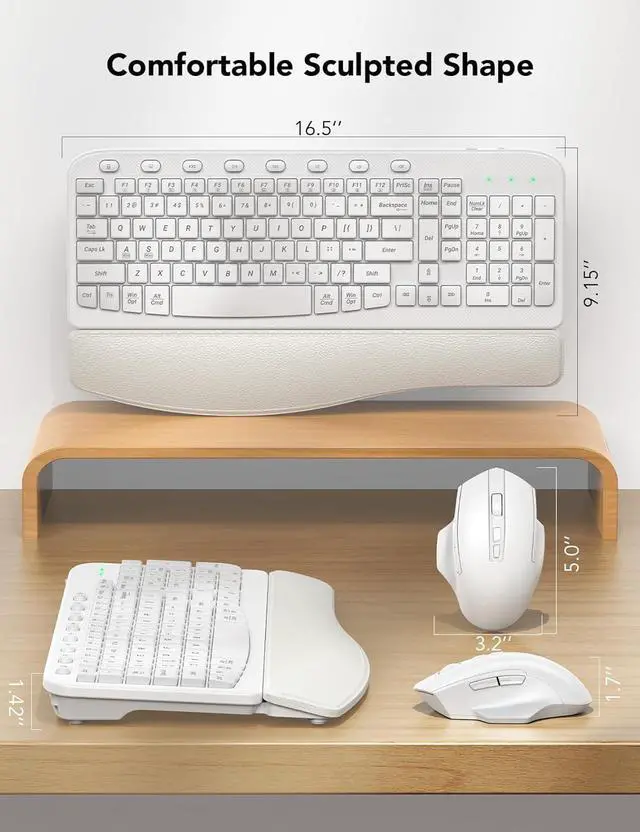 Alt view image 7 of 7 - SABLUTE Wireless Keyboard and Mouse Combo, Ergonomic Wave Keys, Cushioned Plam Rest, Comfortable Silent Natural Typing, 2.4G Lag-Free, Full Size Keyboards Cordless Set for Multi-OS, Windows/Mac, White