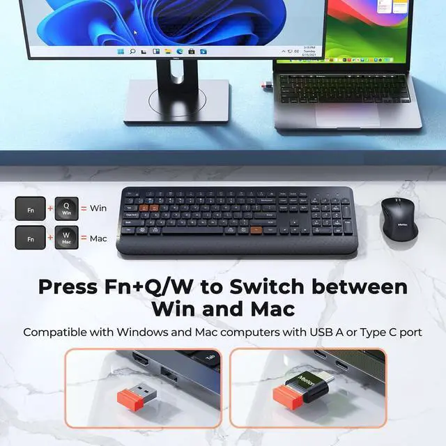 Alt view image 3 of 7 - MEETION Wireless Keyboard and Mouse Combo, 2.4G Full Sized Ergonomic Keyboard with Palm Wrist, Water Drop Keycaps, 4 DPI Adjustable Mouse, USB C Adapter for PC/Computer/Laptop/Windows/Mac,Black