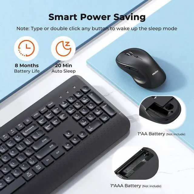 Alt view image 6 of 7 - MEETION Wireless Keyboard and Mouse Combo, 2.4G Full Sized Ergonomic Keyboard with Palm Wrist, Water Drop Keycaps, 4 DPI Adjustable Mouse, USB C Adapter for PC/Computer/Laptop/Windows/Mac,Black