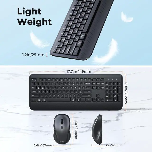 Alt view image 7 of 7 - MEETION Wireless Keyboard and Mouse Combo, 2.4G Full Sized Ergonomic Keyboard with Palm Wrist, Water Drop Keycaps, 4 DPI Adjustable Mouse, USB C Adapter for PC/Computer/Laptop/Windows/Mac,Black