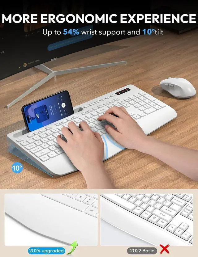 Alt view image 2 of 7 - SABLUTE Wireless Keyboard and Mouse, Wrist Rest, Phone Holder, Batteries Included, 2.4G Lag-Free Ergonomic Keyboards Mouse Combo, Silent Keyboard Cordless Set for PC, Laptop, PC, Windows, White