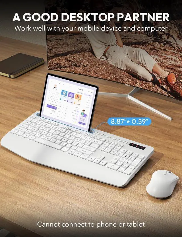 Alt view image 3 of 7 - SABLUTE Wireless Keyboard and Mouse, Wrist Rest, Phone Holder, Batteries Included, 2.4G Lag-Free Ergonomic Keyboards Mouse Combo, Silent Keyboard Cordless Set for PC, Laptop, PC, Windows, White