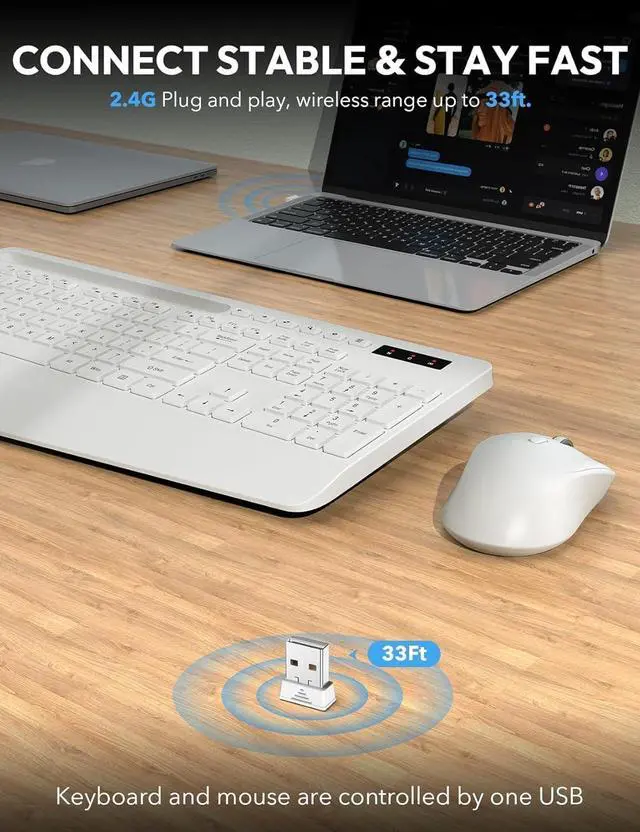 Alt view image 4 of 7 - SABLUTE Wireless Keyboard and Mouse, Wrist Rest, Phone Holder, Batteries Included, 2.4G Lag-Free Ergonomic Keyboards Mouse Combo, Silent Keyboard Cordless Set for PC, Laptop, PC, Windows, White