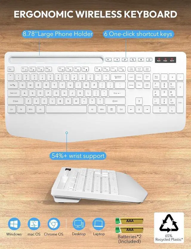 Alt view image 6 of 7 - SABLUTE Wireless Keyboard and Mouse, Wrist Rest, Phone Holder, Batteries Included, 2.4G Lag-Free Ergonomic Keyboards Mouse Combo, Silent Keyboard Cordless Set for PC, Laptop, PC, Windows, White