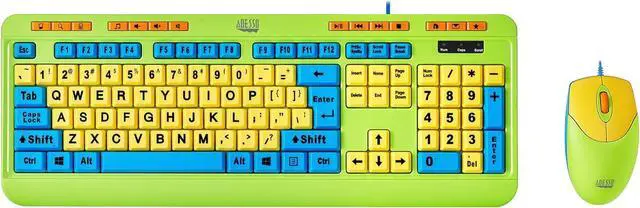 Main image of Adesso Keyboard & Mouse Combo for Kids  4X Print Keys, USB, Multimedia Hotkeys, Antimicrobial, Wired 6ft Cable,1000 DPI Optical Mouse (AKB-132DB)