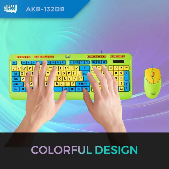 Alt view image 2 of 7 - Adesso Keyboard & Mouse Combo for Kids  4X Print Keys, USB, Multimedia Hotkeys, Antimicrobial, Wired 6ft Cable,1000 DPI Optical Mouse (AKB-132DB)