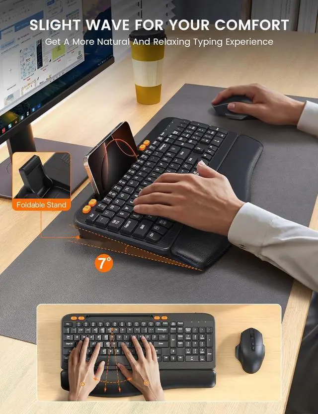 Alt view image 2 of 7 - Wireless Keyboard and Mouse Combo, Ergonomic Wave Keys, Cushioned Plam Rest, Rechargeable, Phone Holder, Natural Typing, 2.4G Lag-Free, Full Size Keyboards Cordless Set for Windows/Mac -SABLUTE