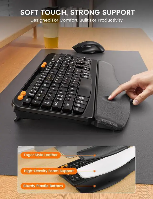 Alt view image 3 of 7 - Wireless Keyboard and Mouse Combo, Ergonomic Wave Keys, Cushioned Plam Rest, Rechargeable, Phone Holder, Natural Typing, 2.4G Lag-Free, Full Size Keyboards Cordless Set for Windows/Mac -SABLUTE