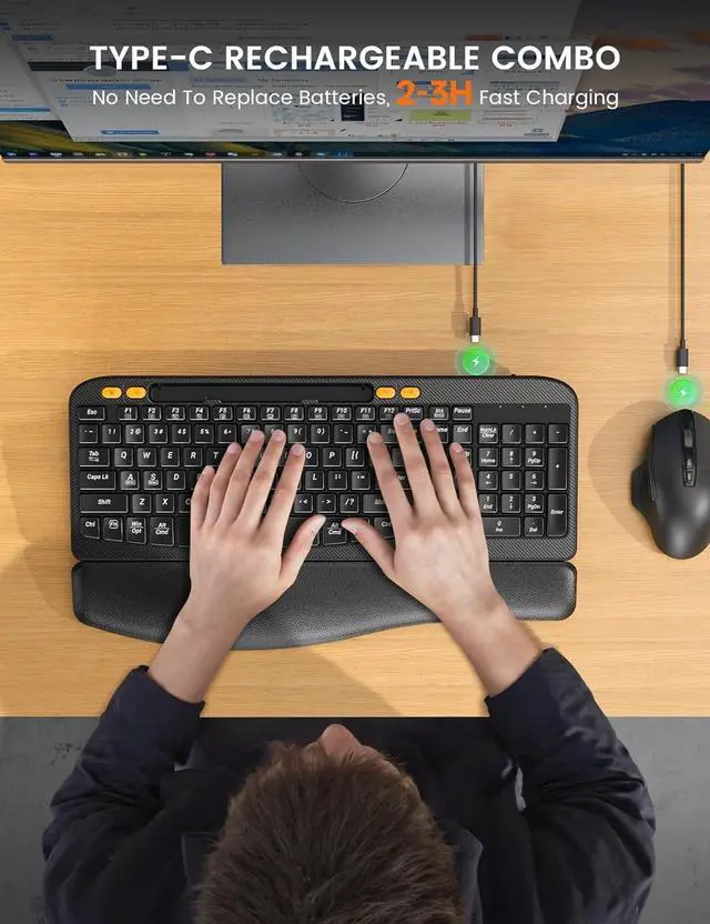 Alt view image 4 of 7 - Wireless Keyboard and Mouse Combo, Ergonomic Wave Keys, Cushioned Plam Rest, Rechargeable, Phone Holder, Natural Typing, 2.4G Lag-Free, Full Size Keyboards Cordless Set for Windows/Mac -SABLUTE